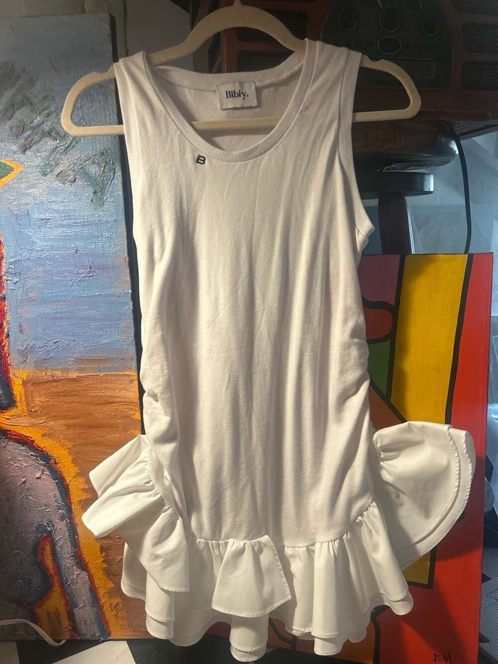 Bibiy. White Ruched Ruffle Hem Tank Dress
